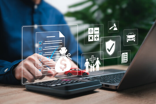 Compensation Payment Insurance terms and conditions document, Businesswomen checkmark on a document online, Insurance control and Risk management, Cost refund from accident, Legal requirements
