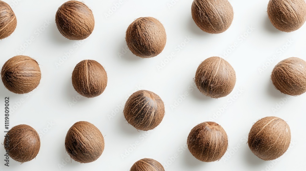 Aufkleber coconuts arranged in a pattern on a bright white background showcasing natural textures and earthy t