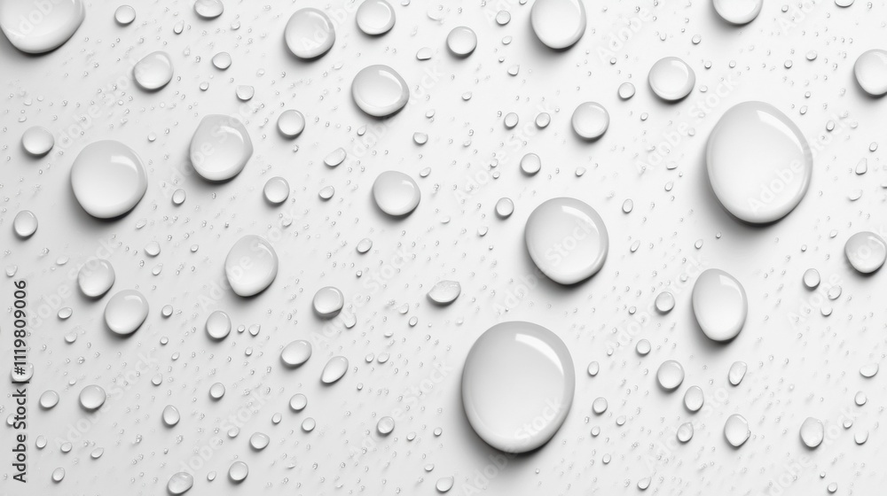 Poster close-up of clear water droplets on a smooth white surface, creating a serene and refreshing atmosph