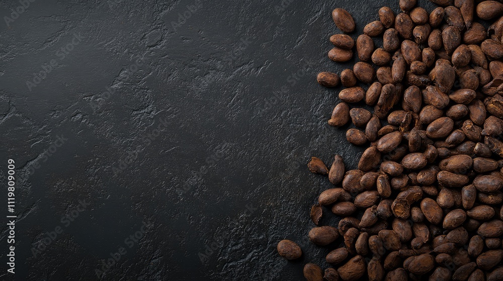 Poster brown roasted cocoa beans scattered on dark textured tabletop creating a rich and inviting backgroun