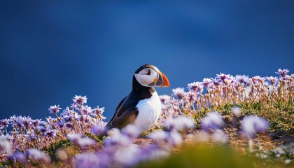 atlantic puffin sitting in a white and purple flower field with blurred foreground and blue background
