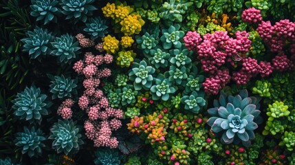 Vibrant clusters of Hylotelephium spectabile and other succulents showcasing colorful flower buds and lush foliage in nature's garden setting