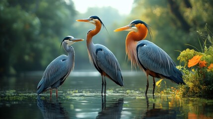 Naklejka premium Majestic Herons Standing Gracefully by the Water's Edge Amidst a Serene Natural Landscape with Soft Morning Light and Lush Greenery