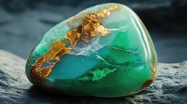 Chrysoprase gemstone showcasing vibrant green hues with golden inclusions highlighting its unique beauty and character on a rugged background