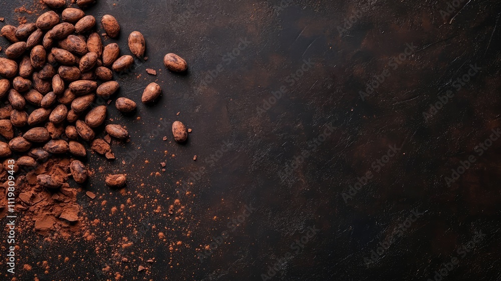 Poster roasted cocoa beans scattered on a dark tabletop with cocoa powder highlighting the texture and rich