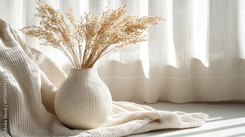 Poster ceramic vase with pampas grass and linen towel in soft light creating a cozy scandinavian minimal in