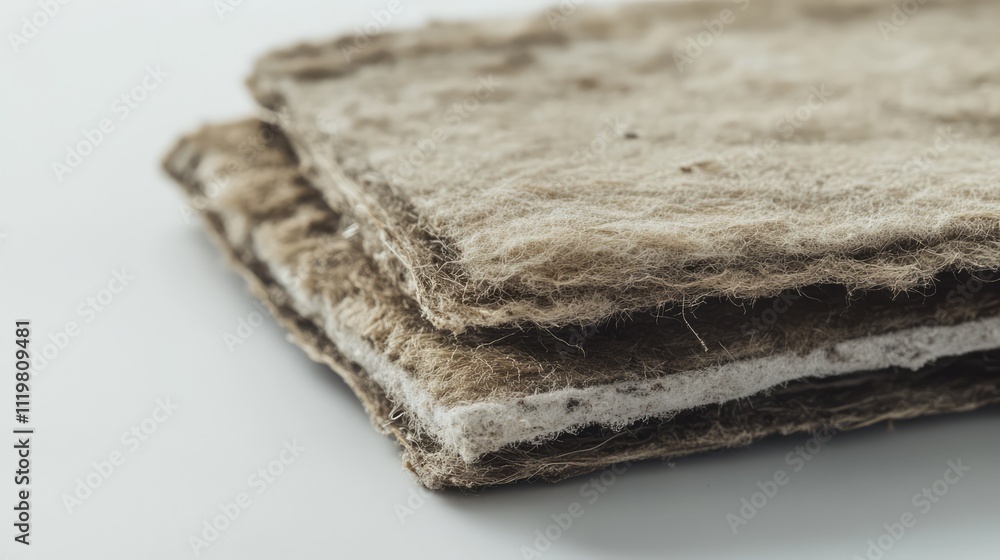Poster close-up of two textured and layered natural mats displaying a fibrous surface against a white backd