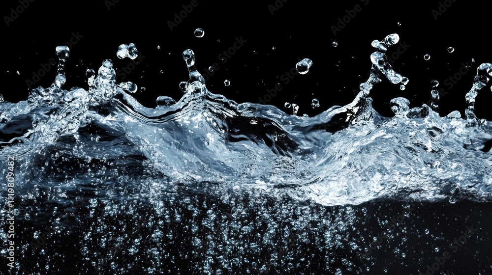 Poster dynamic splash of water with droplets against a dark background, showcasing fluid motion and texture