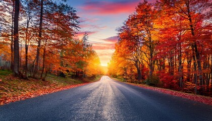 autumn forest with country road at sunset colorful landscape with trees rural road orange and red leaves sun in fall travel autumn background amazing forest with vibrant foliage in the evening