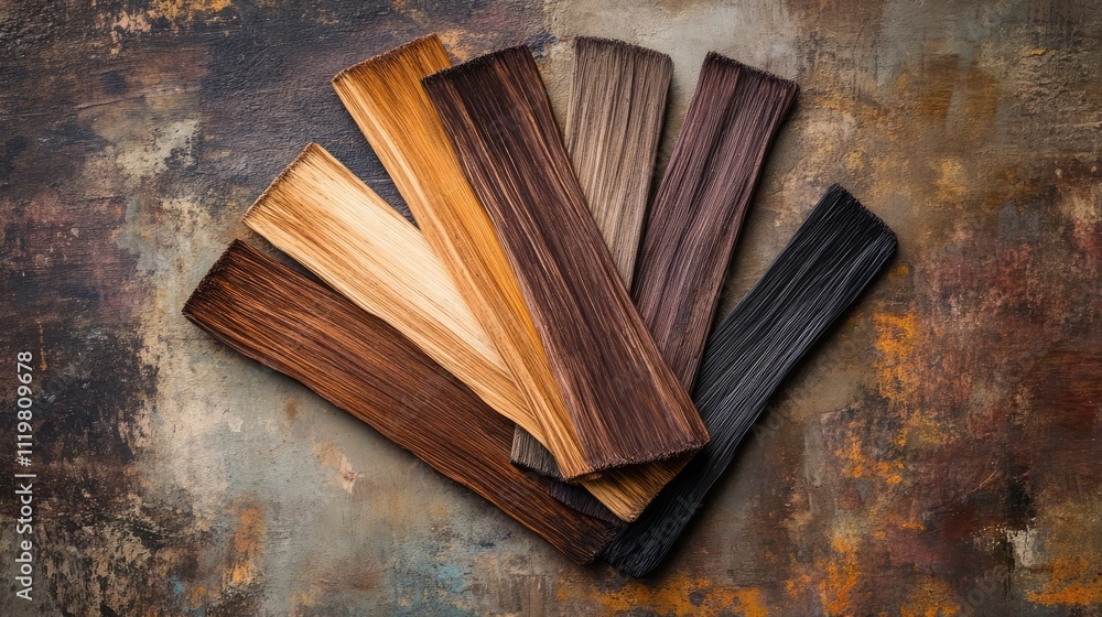 Aufkleber assorted wood samples displayed artistically on a textured background for design and creative projec