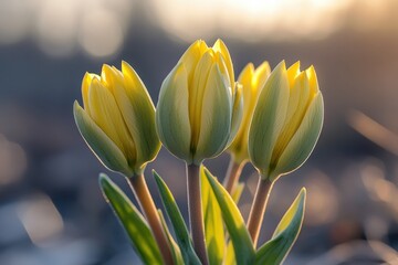 Fototapeta premium spring flower blossoms, the first signs of spring emerge with delicate flower buds swaying under the gentle morning sun against a clear sky