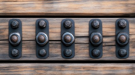 Fototapeta premium Brown wood surface with black screw bolts showcasing natural patterns and textures ideal for industrial or rustic design backgrounds