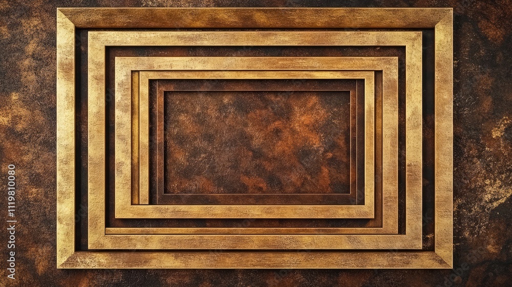 Poster modern stacked wooden frames in brown and gold tones on textured background for use in artistic desi