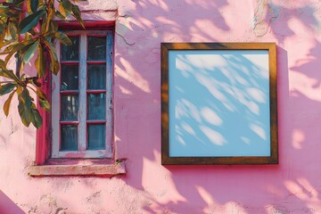 A pink wall features a window and a blank framed canvas, casting playful shadows.