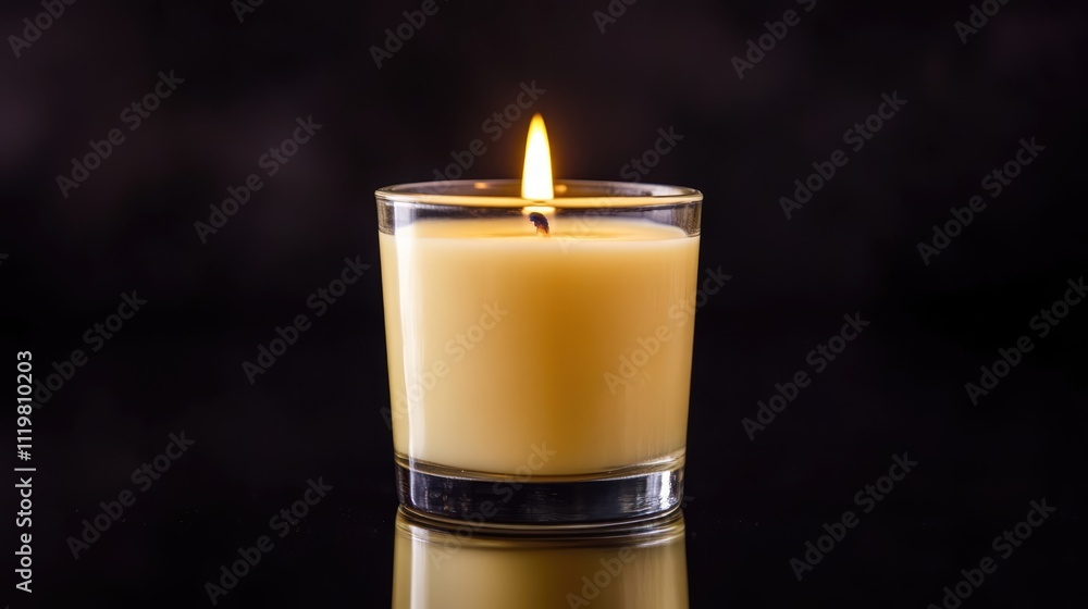 Poster illuminated candle in a glass holder with flame against a dark background creating a serene and calm
