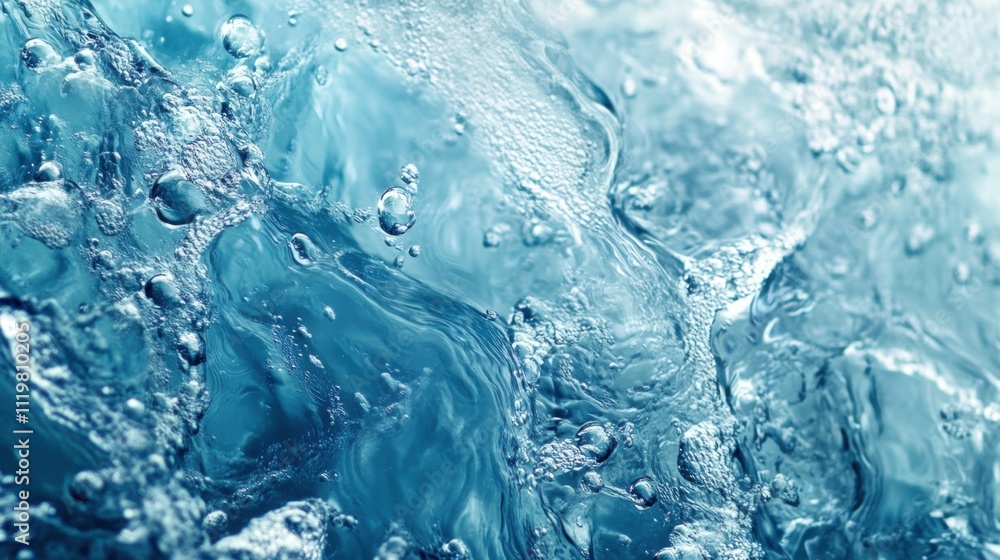 Poster close-up view of vibrant blue water with bubbles, capturing the dynamic flow and texture of liquid m