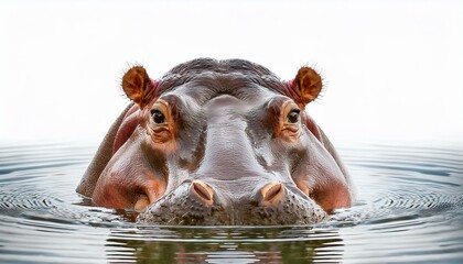 白背景の水面に浮かぶカバ、顔と丸い体型を強調したシンプルなシーン 