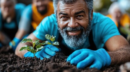 A joyful middle-aged man planting fresh green seedlings in rich soil, showcasing his dedication to gardening and the importance of nurturing nature for a sustainable future.