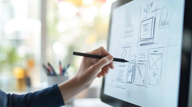 A young Asian woman sketching user interface designs on a digital tablet with a stylus, surrounded by a modern workspace. - Powered by Adobe
