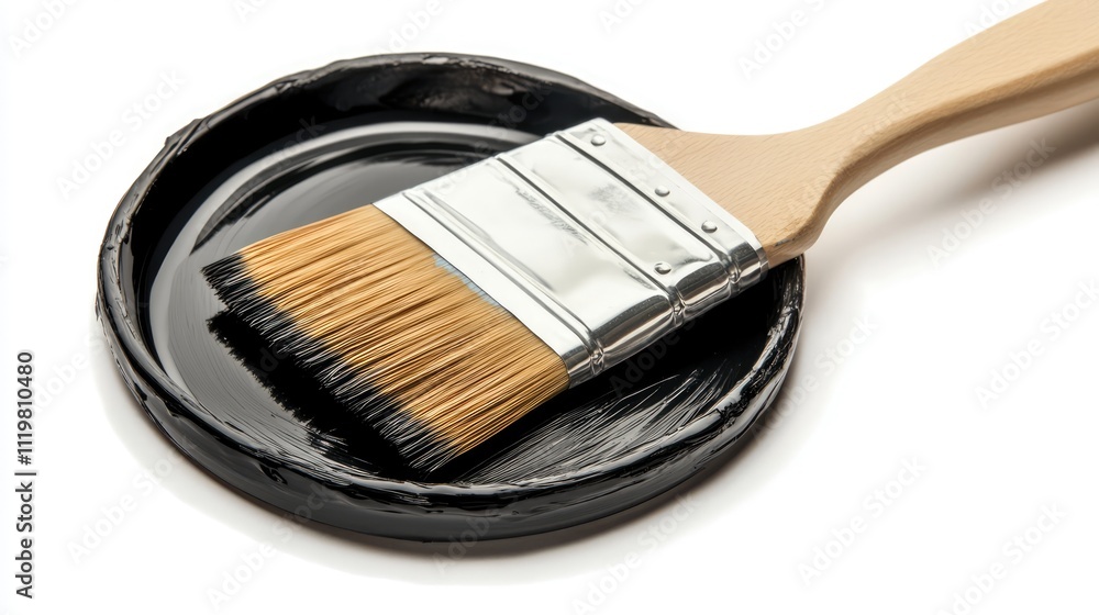 Poster brush and paint on a white background showcasing a paintbrush resting in a black paint container rea