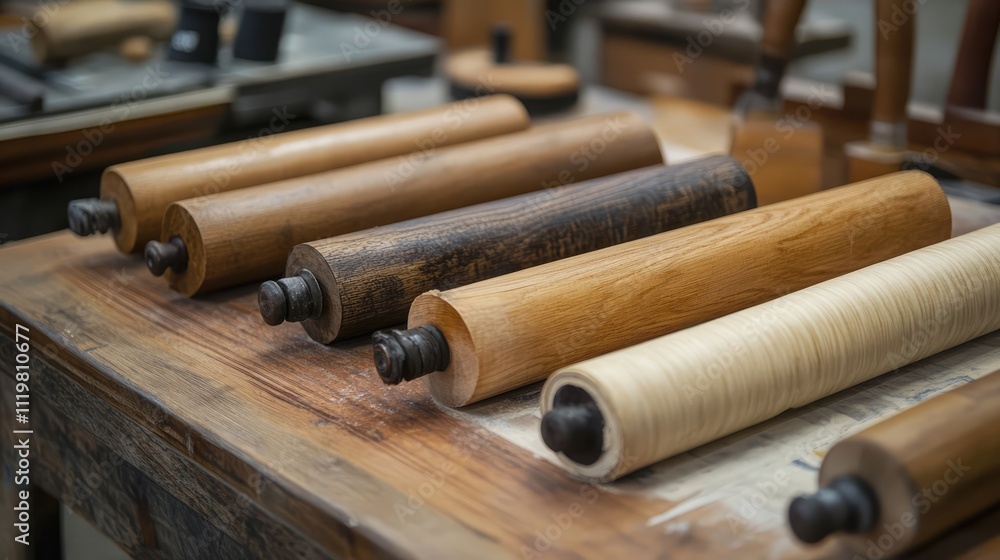 Poster Assorted wooden rollers and brushes displayed on a rustic table in a workshop setting for creative artistry and craftsmanship concept.