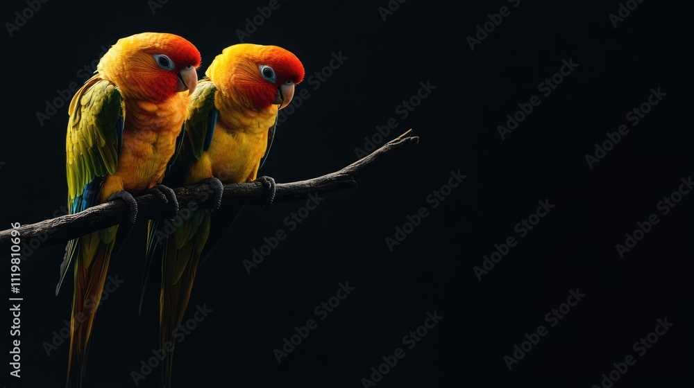Poster closeup of two colorful parrots perched on a branch in a serene isolated background showcasing vibra