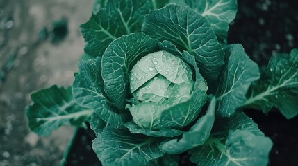 Obraz premium Lush green cabbage plants nestled in a garden bed showcasing vibrant leaves and water droplets for agricultural and gardening themes.