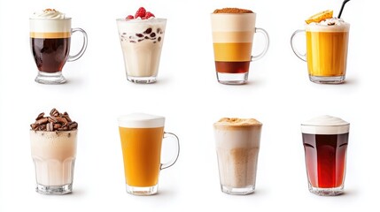 Diverse Collection of Refreshing Beverages Displayed in Clear Glasses on a White Background Ideal for Food and Drink Advertising