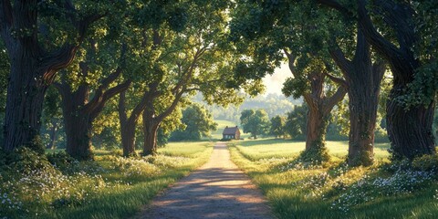 Naklejka premium Serene Country Lane Cottage Oak Trees Sunlit Path Lush Fields