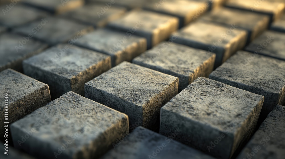 Poster concrete building blocks arranged in a structured layout showcasing surface texture and depth for co