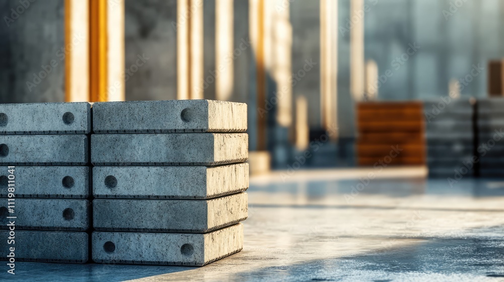 Aufkleber construction site materials display with stacked concrete blocks in a partially completed building i