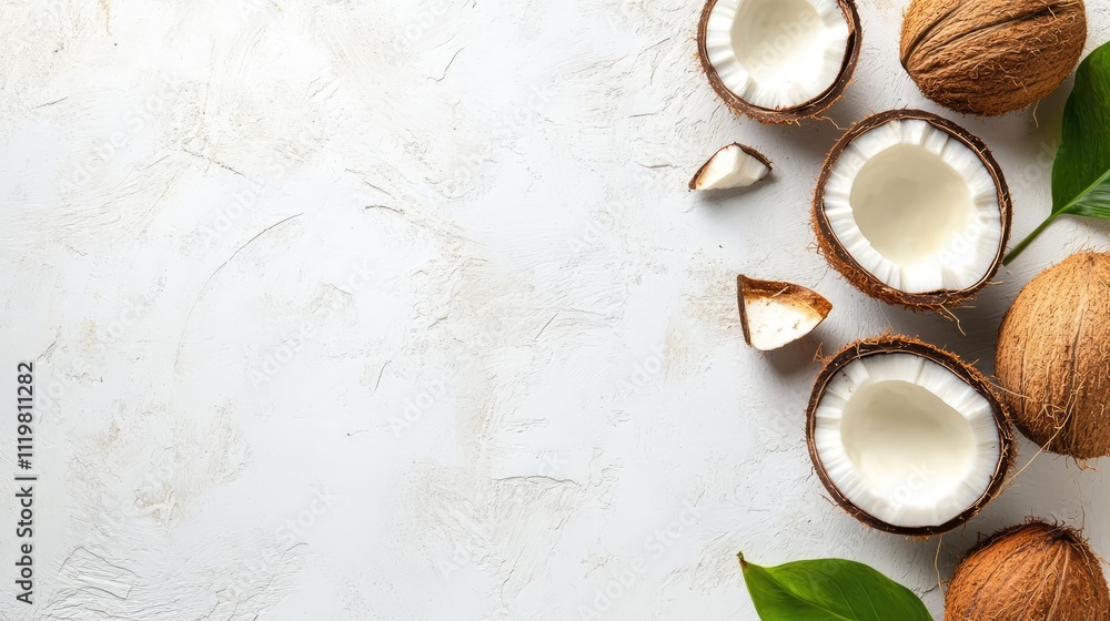 Poster fresh coconuts with cut shells and pieces arranged on a textured white background, creating a clean 
