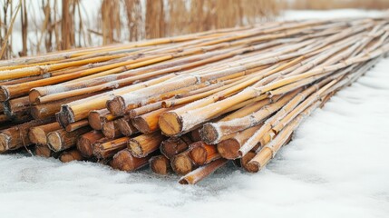 Frozen common reeds bundled together on a snowy landscape, showcasing frosty tips and icy textures, winter season, nature, cold environment, serene backdrop.