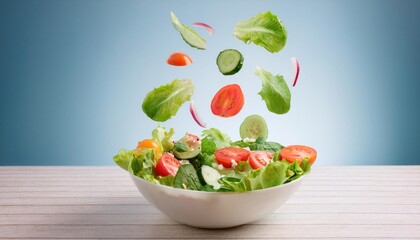 Fresh salad with flying vegetables ingredients