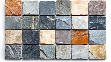 Colorful Square Stone Tile Samples Arranged in a Grid Over a White Background Showcasing Various Textures and Patterns for Building Concepts