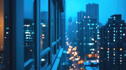 Modern condominium close-up view of blue windows overlooking a city skyline at night with illuminated buildings and urban atmosphere