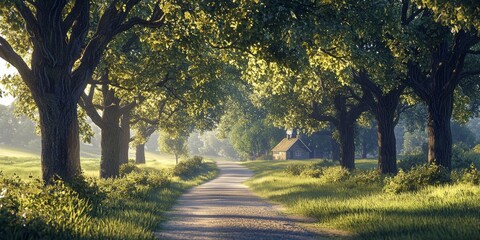 Naklejka premium Serene Country Lane Cottage Oak Trees Sunrise Lush Green Fields Morning Light Shadows Rural