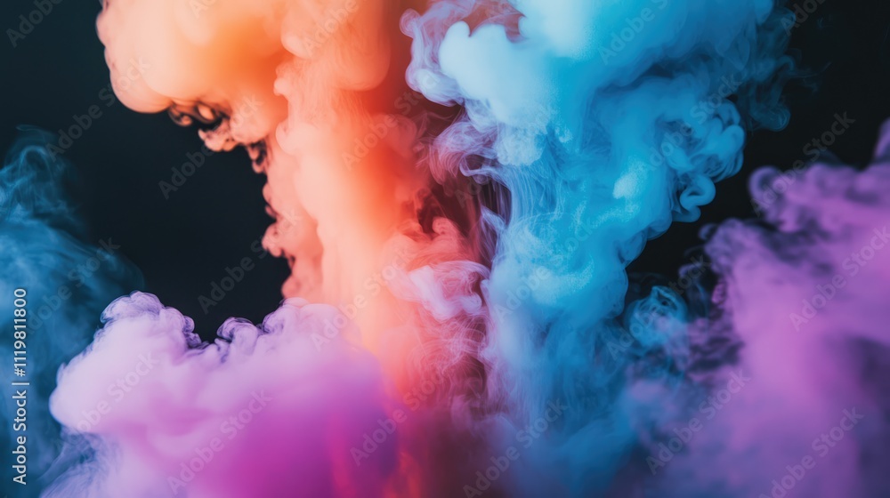 Poster vibrant colored smoke swirls against a dark backdrop creating an artistic and dynamic visual effect 