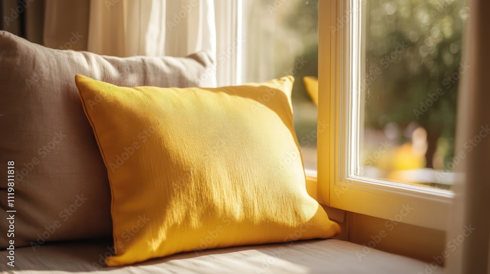 Poster bright yellow throw pillow on a cozy cushioned window seat with sunlight streaming through the windo