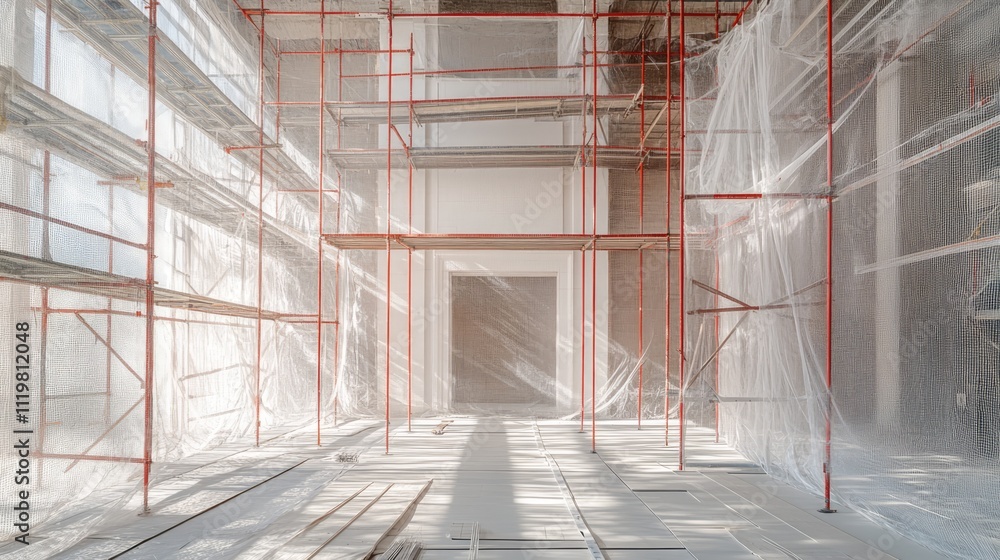 Aufkleber building under construction with scaffolding and safety netting creating a secure environment for re