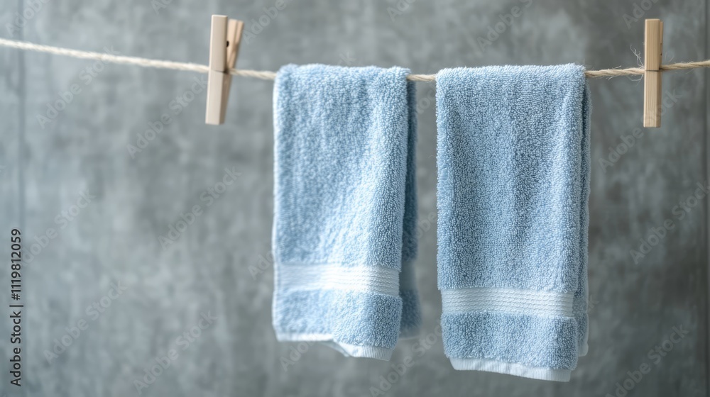Poster closeup view of soft blue towels hanging on a clothesline in a modern bathroom setting with a textur