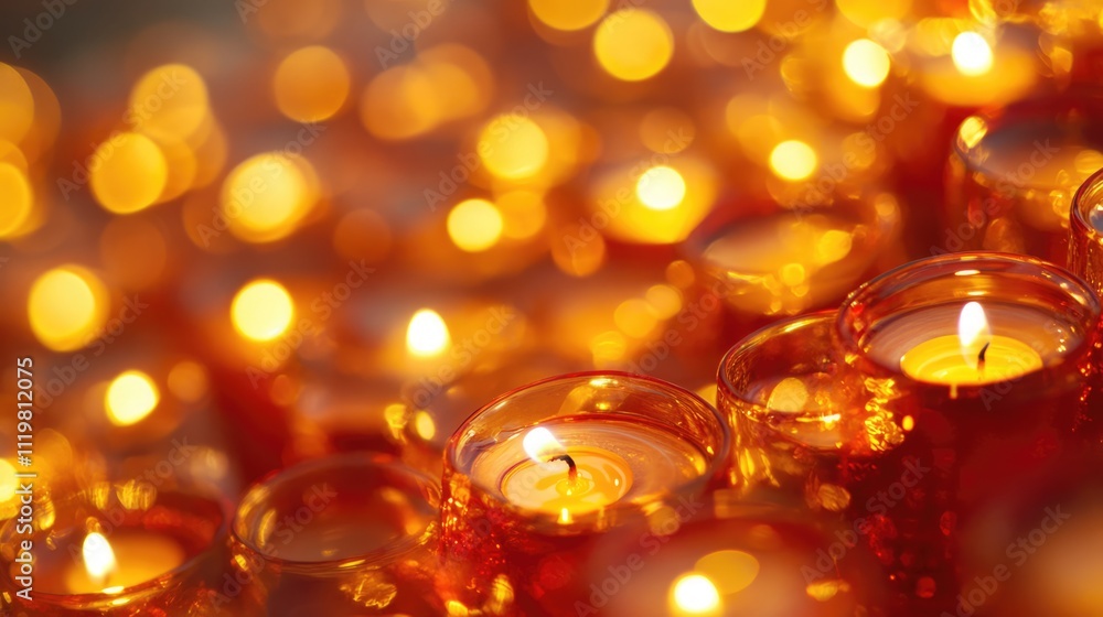 Poster close up of glowing red candles with a warm golden bokeh background creating a serene and inviting a
