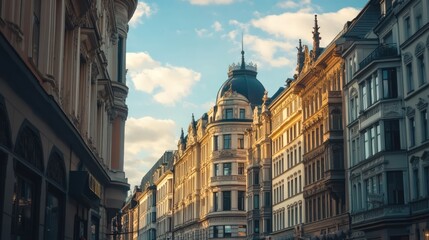Fototapeta premium Historic architectural buildings in an urban street under a blue sky with clouds and warm sunlight illuminating the facades.