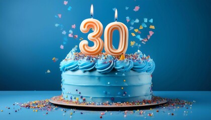 30th birthday cake with blue frosting colorful sprinkles and burning candles isolated on blue background