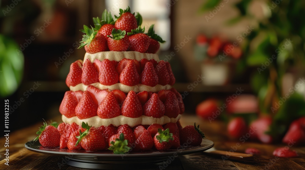 Poster strawberry topped cake in a rustic setting showcasing layers of cream and fresh strawberries on a wo