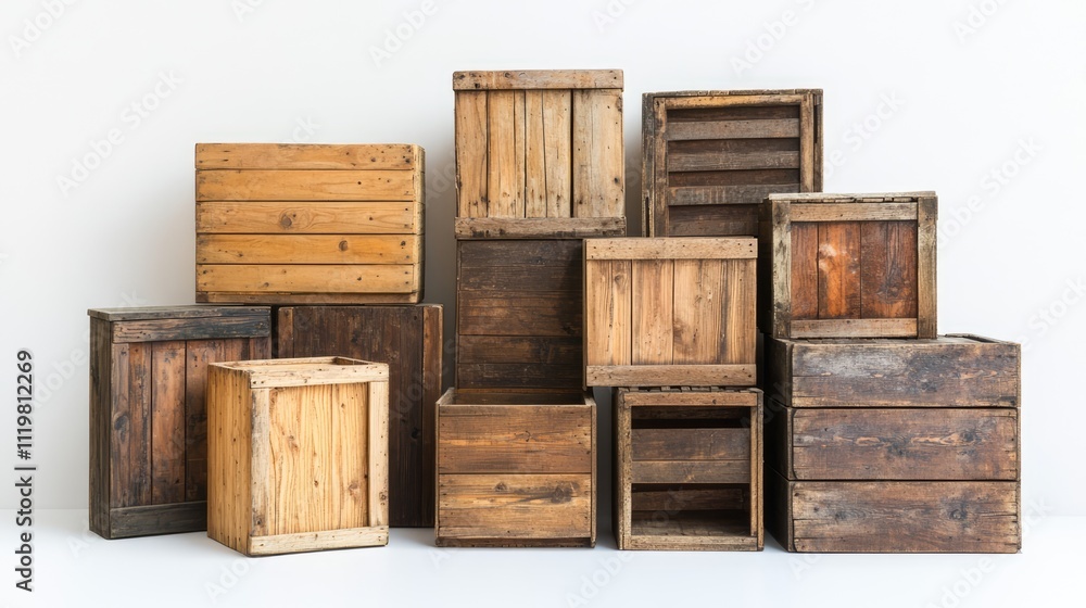 Poster stacked assortment of rustic wooden crates in various sizes and textures, arranged against a clean w