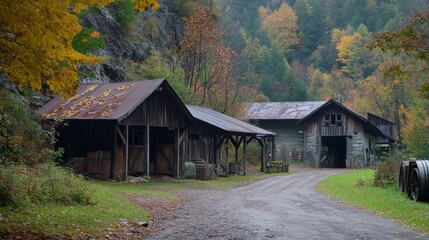Fototapeta premium Historical mining buildings surrounded by autumn foliage in a serene rural landscape. Rustic charm meets nature's beauty.