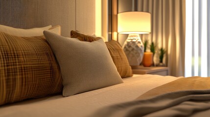 Cozy hotel bedroom interior featuring a comfort pillow and stylish lamp with warm lighting for a relaxing ambiance