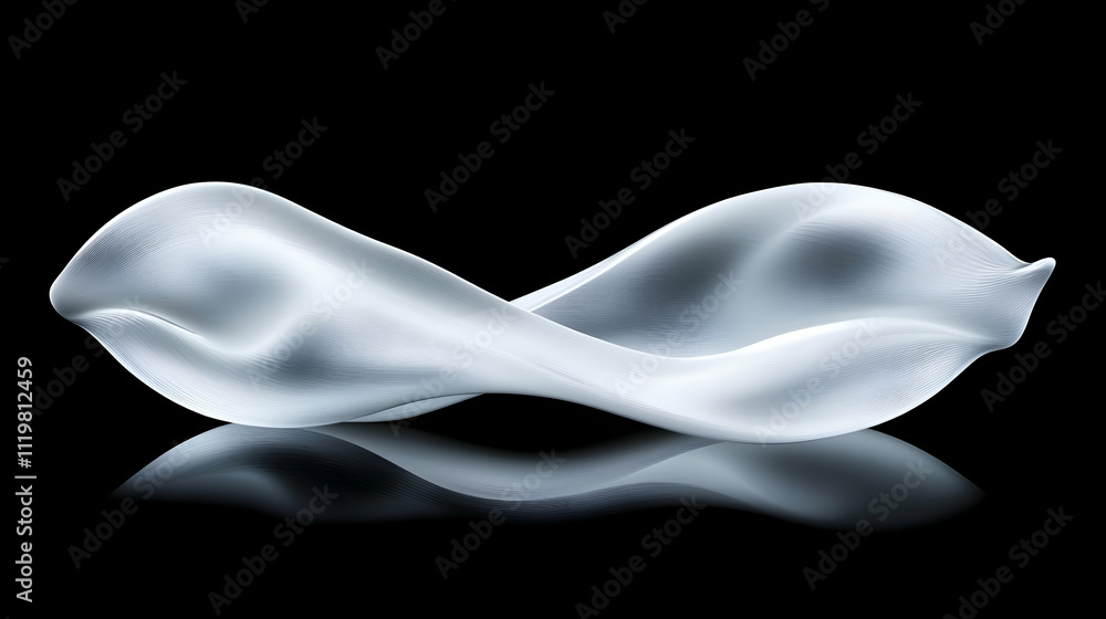 Poster abstract white fluid form on black background with reflection.