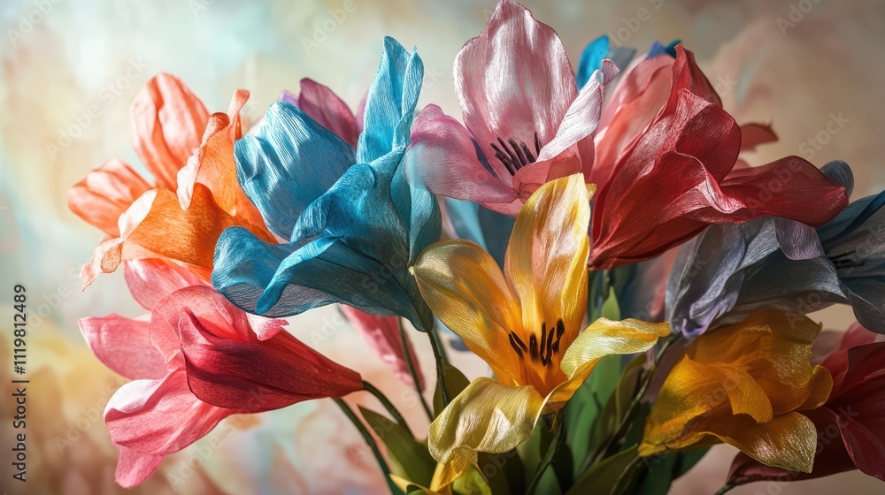 Poster vibrant bouquet of multi-colored zephyr flowers against soft blurred background in close-up display